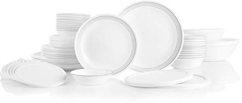 Corelle Vitrelle 78-Piece Service for 12 Dinnerware Set, Triple Layer Glass and Chip Resistant, Lightweight Round Plates and Bowls Set, Mystic Gray