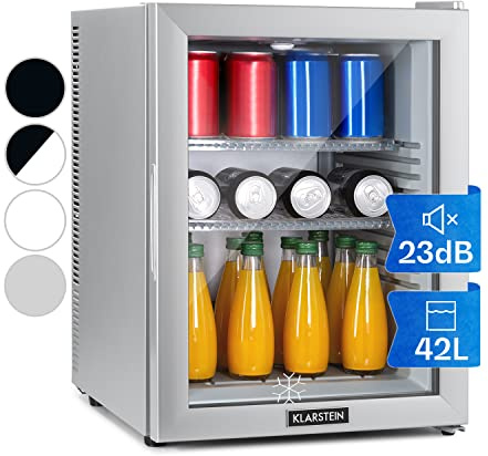 KLARSTEIN Mini Fridge for Bedrooms, Food, Drinks, Beer & Skincare Fridge Cooler, Glass Door Drinks 42L Table Top w/Adjustable Shelves, Quiet & Small For Home, Office, & Camping