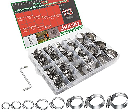 112pcs Hose Clamps Stainless Steel,Stainless Steel Clamps,Hose Clamp Assortment Kit,Adjustable Worm Gear Heavy Duty Pipe Clamps