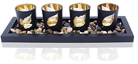 Candle Holder Set, Includes 4 Glass Cups, Natural Stones and Wooden Tray for Table Home Decorations (Leaves)