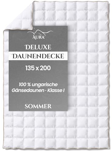 Aura® Luxury Down Summer Duvet, Bettdecke 135x200 Sommer – Deluxe 100% Weiße Ungarische Gänsedaunen Klasse I, Leichte Daunendecke, Sommerbettdecke, Oeko-Tex, Allergikergeeignet, Handgefertigt