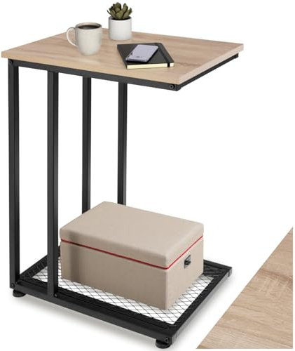 tectake® Beistelltisch Holz Metall, Wohnzimmertisch, Couchtisch C-Form + Gitterablage, 48 x 35 x 66 cm, Laptoptisch für Couch, Betttisch, Sofatablett, Betttablett - Industrial Holz hell, Eiche Sonoma