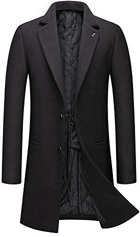 Allthemen Mens Trench Coat Mid Length Lapel Collar Button Down Winter Warm Thick Coat Slim Fit Jacket Outwear 8818# Black XXL