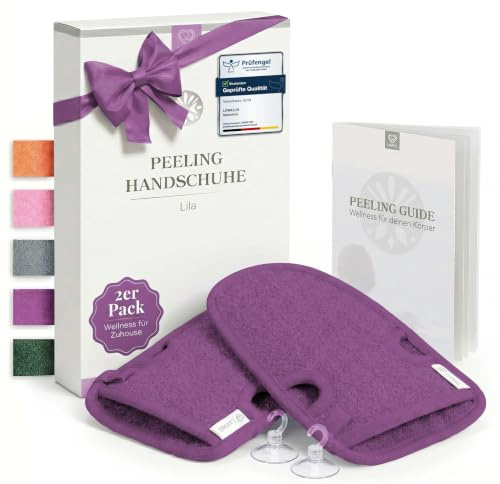 LoWell® Peelinghandschuh 2er Set – Hamam Handschuh – Lila | für Körper & Gesicht – zur Hautreinigung – inkl. Peeling Guide & 2 Saugnäpfe
