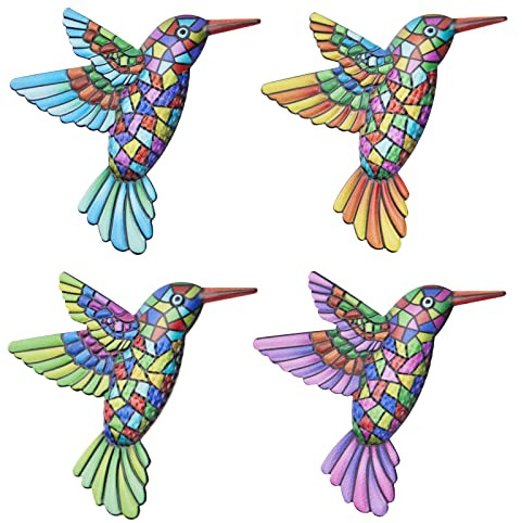 4 Stück Metall-Wanddekoration, Kolibri-Wandkunst-Dekorationen, bunte kleine Vögel, Wandornamente zum Aufhängen für drinnen und draußen, Zuhause, Schlafzimmer, Wohnzimmer, Büro, Garten, Terrasse, Zaun