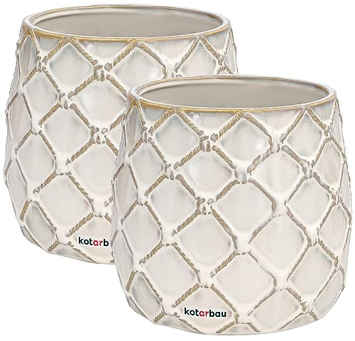 KOTARBAU® 2 x Maceta de cerámica esmaltada, Ø14,5 cm, Tiesto decorativo para flores y plantas, Macetero redondo para interiores, Minimalista, Blanco, Beige, Forma y diseño de una piña, Original, 2 UDS