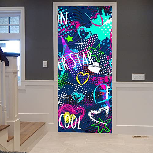 A.Monamour Türtapete Selbstklebend Türfolie Türposter 3D Abstrakte Graffiti Mit Geometrischem Muster Der Neon Blitz Stern Pfeil Herzen Vinyl Folie Türdeko Tapete Wandbild Türaufkleber 83x204cm