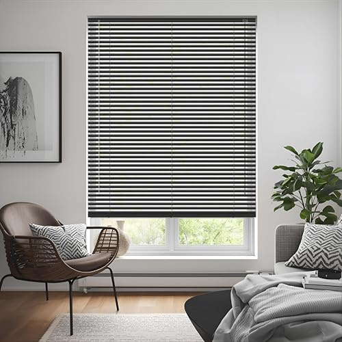 Black Plain PVC Window Venetian Blinds - Width 135cm x Drop 150cm | 25mm Horizontal Slats - Easy Fit Trimmable fitting with Tilt control Wand Mechanism