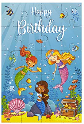 bsb - Puzzle Karte zum Geburtstag 11,5 x 17,0 cm - hochwertige Geburtstagskarte zum Puzzeln mit Umschlag - schöne Geburtstagskarten für Kinder - Glückwunschkarte Happy Birthday mit Meerjungfrauen
