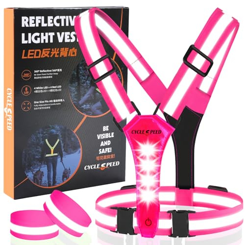 CYCLESPEED Gilet d'avertissement de vélo à LED rechargeable par USB, gilet réfléchissant haute visibilité à 360° pour les randonnées nocturnes, le cyclisme et les promenades de chien (rose)