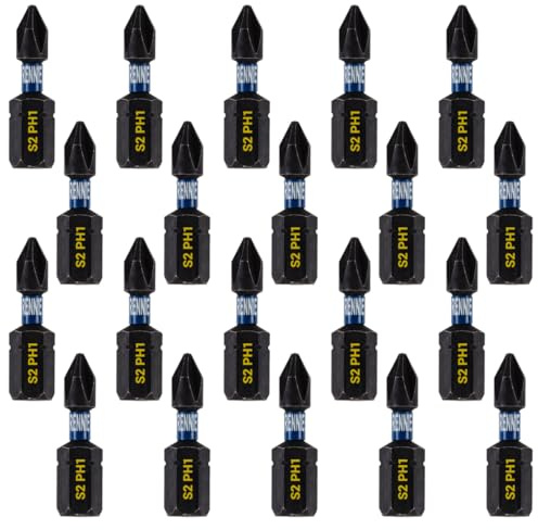 Rennie Tools, set di punte per cacciavite a percussione PH1, 20 x Rennie Tools 25 mm, set di punte per avvitatore a percussione per impieghi gravosi, punta PH1, gambo esagonale, testa a croce,