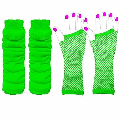 Lizzy | Leg Warmers & Fishnet Gloves Set | One Size, Neon Green, 40cm Leg Warmers, 28cm Gloves, Net Material | 80s Fancy Dress, Dance, Hen Party Accessory