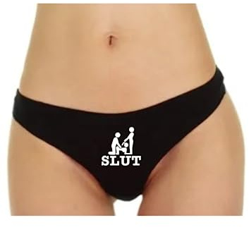 Flirtnix Womens Lingerie Print Sexy Slut Naughty Slutty Low Rise Thong G String Underwear Funny Rude Panties Knickers (as8, alpha, s, m, regular, regular) Black