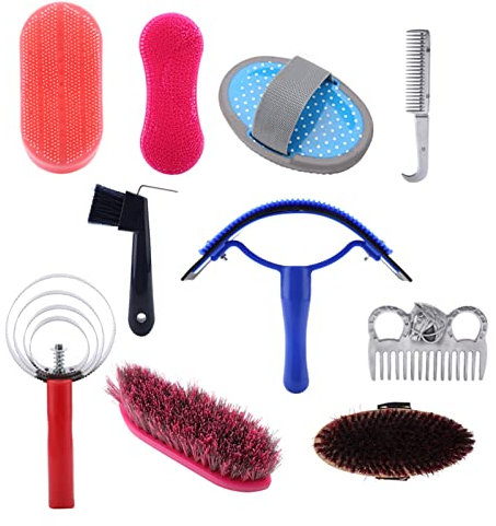 Mrisata 10 Stück Pferde Pflege Set, Pferde Bürsten Sets die Pflege mit Tasche, Pferde Pflegesatz Ausrüstung die Pflege von Pferde Pflege Bürsten Curry Kamm Pferde Reinigungs