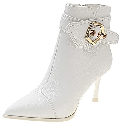 BILIKEYU Mode Frauen Einfarbig Winter Halten Warm High Heels Schnallenriemen Kurze Booties Spitzschuhe Kinder 30 (White, 39)