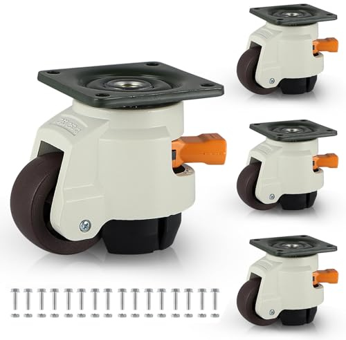 Skelang 4 Pcs 60F Retractable Machine Castors with Ratchet Handle, Height Adjustable Casters, Swivel Leveling Castor for Heavy Duty Furniture, Workbench, Welding Table