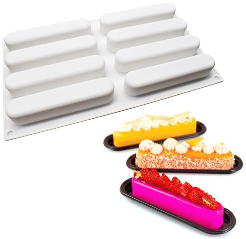 AFINSEA Ellipse Eclair Silicone Mold for Baking Mousse Cake, 3D Silicone Baking Mold for Cakes French Dessert Mold for Pastry Chocolate Brownie Molds, Cake Decoration, 3D Eclair Shape (8-Cavity)
