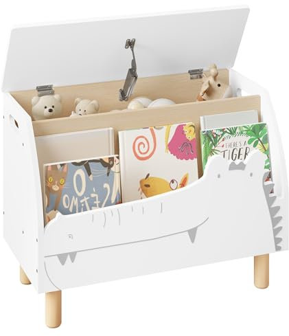 WOLTU Panca Contenitore per Bambini, Contenitore Porta Giocattoli in Legno a Coccodrillo, Cassapanca con Scomparto Chiuso e Aperto, Bianco, 49,5x30x44,5cm