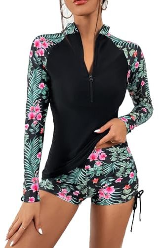 Camiseta de natación con protección Solar UV,Traje de Baño de Dos Pieza de Surf de Manga Larga para Mujer,Negro 1,S