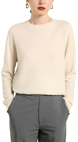 e-girl Pull Cachemire 95% Femme Col Rond Ecru Solide Couleur Tricoté en Vrac Manches Longues Fin Pull en Cachemire et Laine,38,MZ2016