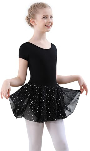 FONLAM Robe de Ballet pour Fille Justaucorps Danse Ballet Gymnastique Manche Courte Coton Ballet Tutu Enfant Paillettes (10-11 ans, Noir)