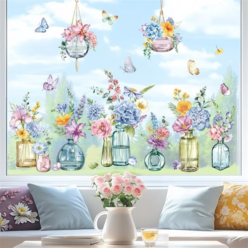 decalmile Fensterbilder Garten Blumen Hängende Pflanzen Fensteraufkleber | Statische Anti-Kollision Fensterdeko, Beidseitiger Druck, auf Beiden Seiten klar Sichtbar, Wasserdicht, Abnehmbar