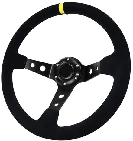 Acclcors Universal Racing Steering Wheel, Gaming Steering Wheel 350mm/14inch 6 Bolt Grip Suede Deep Dish with Horn Button for Racing/Rally/Motorsport/Car Sim Driving (Black)