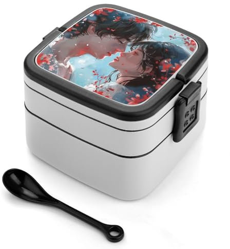 GFLFMXZW Anime Style Pärchen Bento Box Erwachsene Lunchbox All-in-One Lunch Container mit abnehmbaren Fächern Doppellagige Bento Lunchbox mit Löffel und Griff Stapelbare Lunchbox