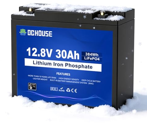 DCHOUSE 12V 30Ah LiFePO4 Batteri, litiumbatteri för djupcykel, uppladdningsbart med över 4 000 djupcyklar och BMS-skydd, för gräsklippare, solpanel, båt med motor, husbil och camping.