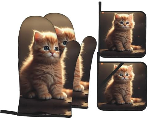 YYHHAOFA Simpatico set di quattro pezzi da cucina con motivo a gatto, guanto da forno isolato e presine per una protezione spessa e durevole anti-scottatura