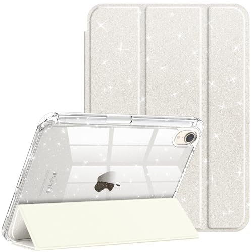 Fintie Hybrid Hülle für iPad mini 7 (A17 Pro) 2024/ iPad mini 6. Gen 2021 | Stoßfeste transparenter Hartschalen-Rückseite Schutzhülle mit Stifthalter, Schlank Ständer Tablet Case, Glitzer Starlight
