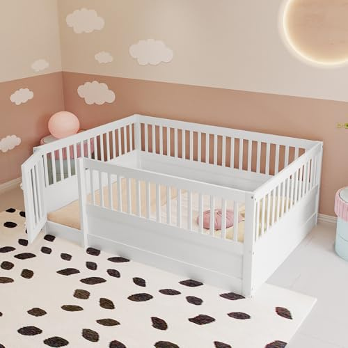 MYBOO Kinderbett Bodenbett 140x200 cm mit Rausfallschutz und Tür, Montessori Bett Bed Gitterbett Hausbett Kinder Jugendbett Doppelbett Holzbett Bettgestell Spielbett, Massivholz, Ohne Matratze, Weiß