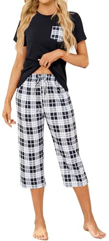TeJoyce Pyjama Femme Court Été, Deux Pièces Vêtements de Nuit Rayonne, Ensembles Manches Courtes et Carreaux Pantalon 3/4 avec Poche, Léger et Respirant Loungewear pour Dormir (Noir, XL)