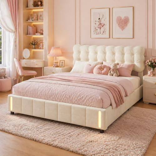 JiaOyu Polsterbett 140 x 200 cm mit LED-Beleuchtung und Stauraum, Bett mit Lattenrost & Gepolstertem Kopfteil, Hydraulisches Doppelbett Jugendbett Mädchen Bett, ohne Matratze (140X200CM)