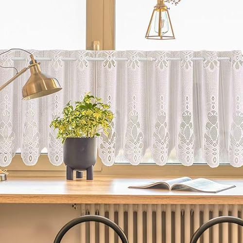 Daliena Spitzen Scheibengardine Kurz Halbtransparente Kurzgardine Fenstergardine Klein Küchengardinen Modern Gardinen mit Lochleiste, Jacquard Gardinen Weiss (BxH 225x45cm) 1 stück