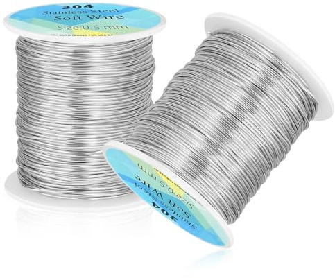 2 Rolle 304 Edelstahldraht, 100 m x 0.5 mm Silberdraht zum Basteln Silber Edelstahl Draht Biegbarer Basteldraht mit Spule für Schmuckherstellung Heimwerken