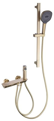Termostatico Rubinetto per Vasca da Bagno, Miscelatore Vasca a Muro Ottone Rubinetto Bagno con 3 Modalità Doccetta, Soffione Bidet, Asta di Sollevamento(Brushed Gold)