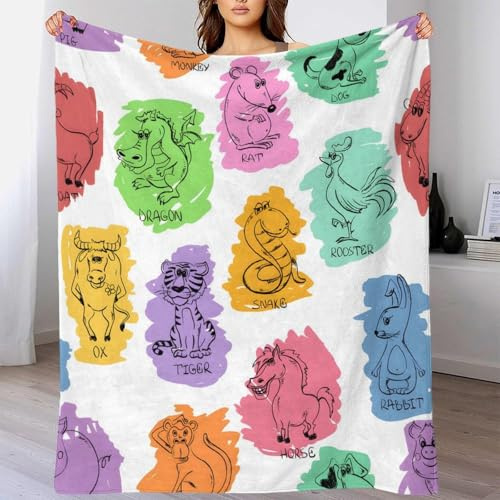 Douze animaux amusants du zodiaque chinois Couverture Polaire Flanelle Couverture Jeté Doux De Lit Jeté De Canapé Convient Pour Adultes Et Enfant Toutes Saisons Décoratif 50x60inch(127x152cm)