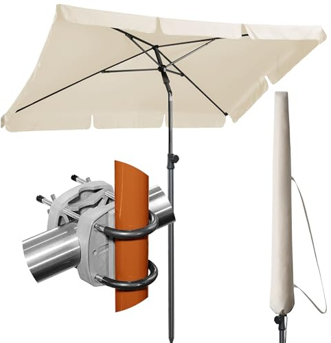 Menz Sonnenschirm Balkon - 3-IN-1 Sonnenschutz Balkon SET in Beige, UPF 50+ Sonnenschirm rechteckig 200 x 125cm + Sonnenschirmhalter Balkongeländer + Schirmhülle für Balkon, Garten & Terrasse