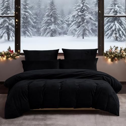 YASMENG Winter Bettwäsche 200x200 Schwarz Uni Warm Kuschelig Flauschige Bettwäsche Winter Weich Warme Samt Plüsch Fleece Flanell Bettbezug Set 3 Teilig mit Reißverschluss und 2 Kissenbezüge 80x80 cm