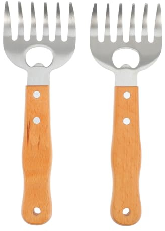 BESTonZON 2 Stück Edelstahl Fleischkrallen Mit Holzgriff BBQ Grillzubehör Für Pulled Pork Huhn Rind Hitzebeständig Ergonomisch Mit Flaschenöffner