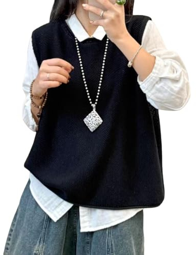 RWGSNB Gilet in Maglia Donna Pullover Cotone Donna Girocollo Corto Lavorato a Maglioni Senza Maniche Casual Vintage Tinta Unita Canotta Autunnale Indossare Tutti I Giorni Nero Taglia S