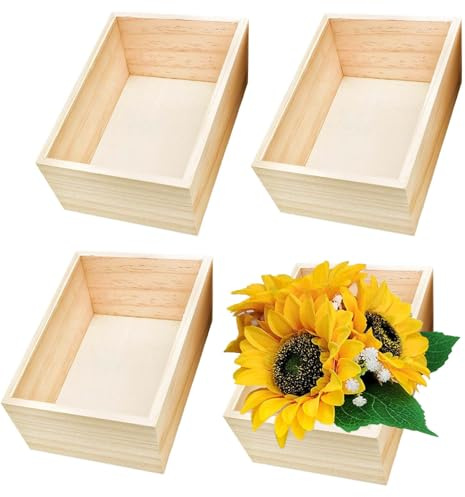 Scatole Portaoggetti in Legno Grezzo, Confezione da 4 Piccole Scatole Rettangolare in Legno Rustico, 15x10x6 cm Rettangolare Fai Da Te Organizer Senza Coperchio, per Casa e Ufficio, Artigianato