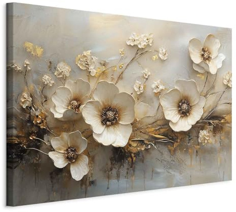 murando - Grand Tableau Mural Décoration Moderne Salon, Effet 3D, 120x80 cm | Clous Inclus, Impression sur Toile, Tableaux, Posters et Arts Décoratifs, Cadre en Bois, Fleurs Dorées, Fabrication EU
