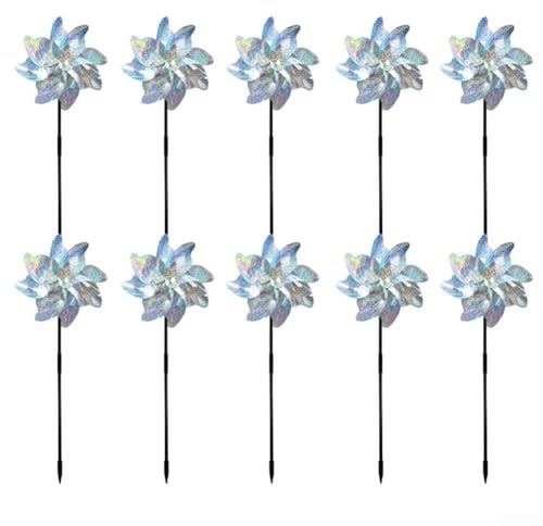 CARMOTTER 10 reflective windmills for outdoor use, designed to deter birds and enhance For gardens, patios, and farms with shiny, moving blades made from PVC