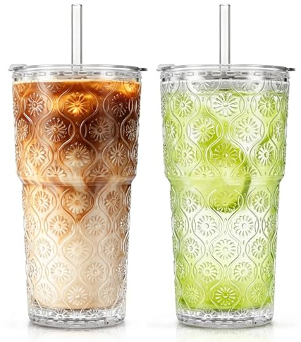 SoulTimes 600 ml Begonia Glass Tumbler with Lids and Straws-2 Pcs Iced Coffee Glass Cups for Smoothie, Matcha, Juice, Water etc. Leakproof and Dishwasher Safe Glassware Drinking for Travel to Go
