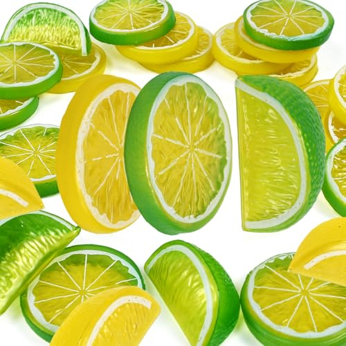 30 Pcs Rodajas de Limón Artificiales y Limones Decorativos de Plástico Fruta Realista de Simulación para Fotos Centro de Mesa Decoración Cocina Boda Fiesta Manualidades DIY y Accesorio Fotográfico | Rebanadas de frutas redondas/semicirculares, rodajas de limón falsas, decoración para fiestas, cocina, fotografía