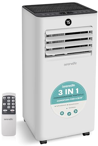 SereneLife Climatiseur Mobile 7000 BTU 2,05 kW – Climatiseur Portable avec Évacuation, Ventilateur et Déshumidificateur, Climatisation Compacte avec Télécommande et Kit Fenêtre Blanc
