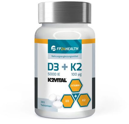 FP24 Health Vitamin D3 + K2-365 Tabletten - Vitamin D3 5000 IE - Vitamin K2 100µg - K2VITAL - Hochdosiert - Menaquinon MK-7 - Top Qualität