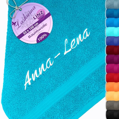 Lashuma Besticktes Handtuch mit Namen, Linz Sporthandtuch Blau - Aquamarin, Größe: 50x100